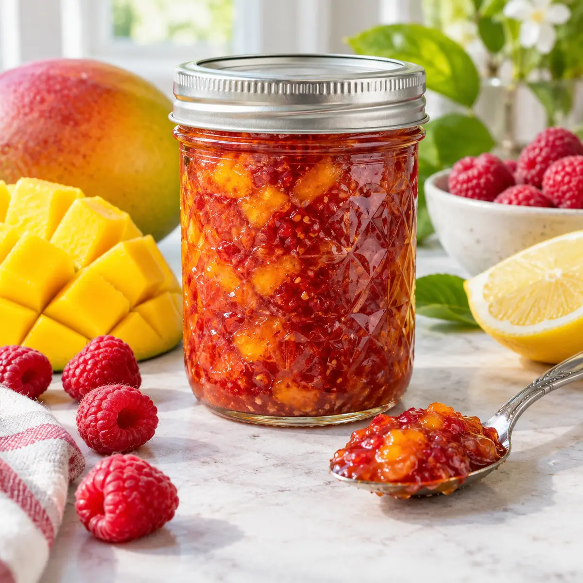 Sealed jar of mango raspberry jam with mango, raspberries, and lemon