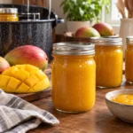 Home-canned smooth mango sauce with ripe mangoes