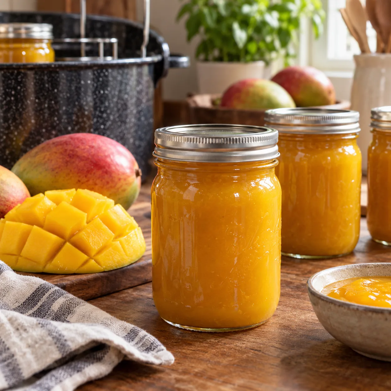 Home-canned smooth mango sauce with ripe mangoes