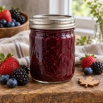 Jar of deep ruby-purple maple berry preserve with blueberries, blackberries, and strawberries