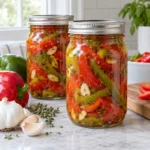 Two sealed jars of marinated red and green pepper strips with garlic and herbs