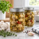 Two sealed jars of marinated whole mushrooms with herbs and garlic
