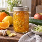 Jar of golden gingered zucchini marmalade with orange, lemon, apple, and fresh ginger