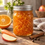 Jar of amber orange and carrot marmalade with apple, cinnamon, and allspice