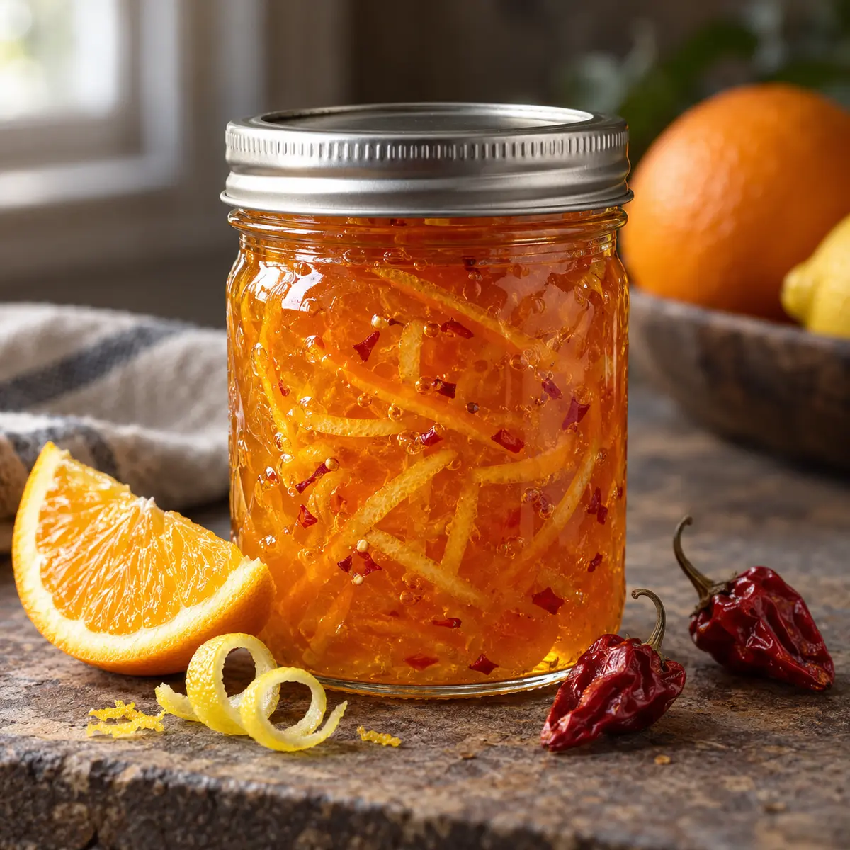 Jar of orange chili marmalade with citrus peel and dried red chili flecks