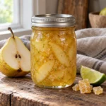 Jar of pale golden pear marmalade with lime zest and crystallized ginger