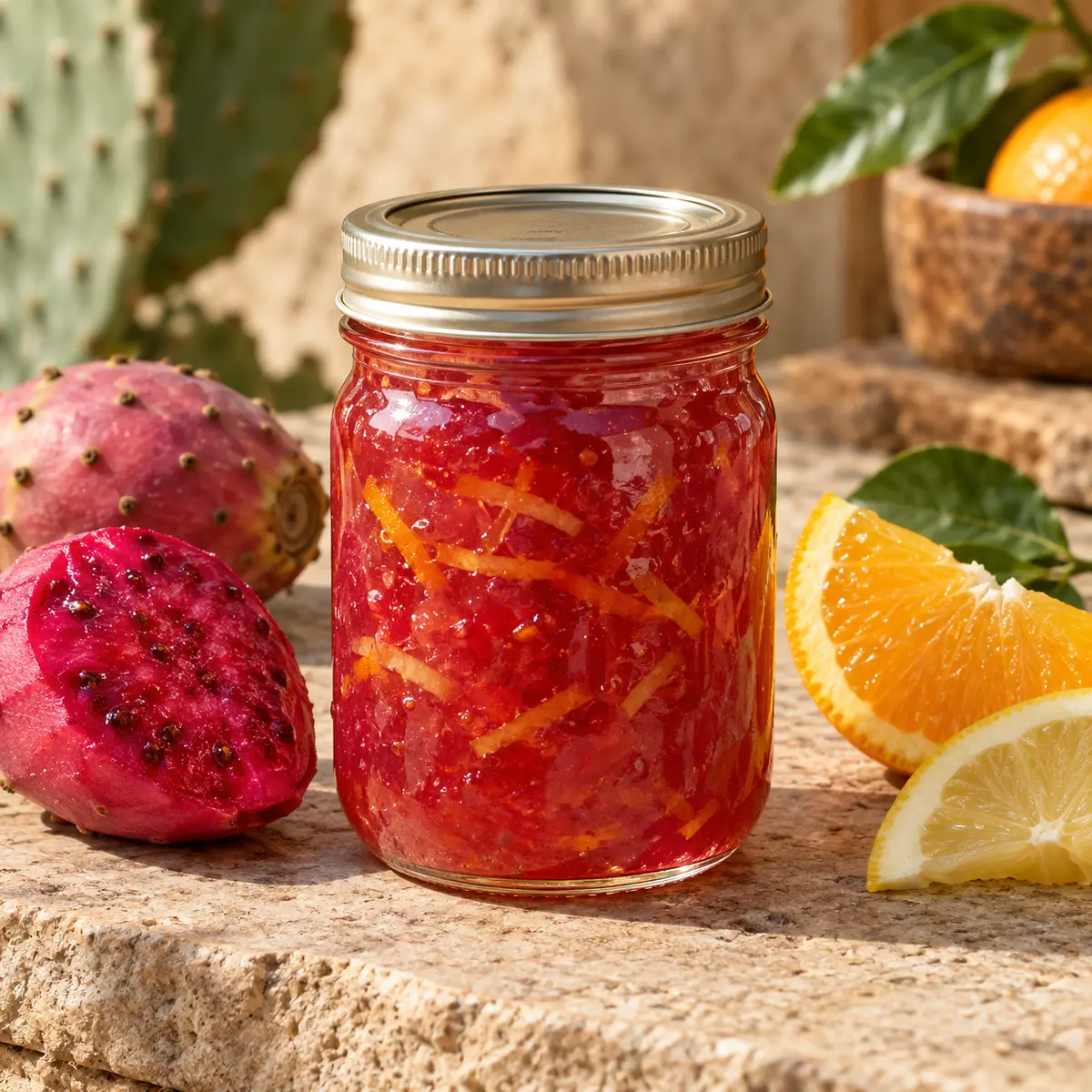 Jar of coral prickly pear marmalade with orange and lemon peel