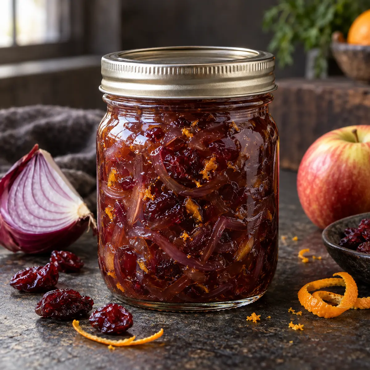 Jar of burgundy red onion marmalade with dried cranberries and orange zest