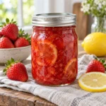 Jar of bright strawberry lemon marmalade with thin lemon slices