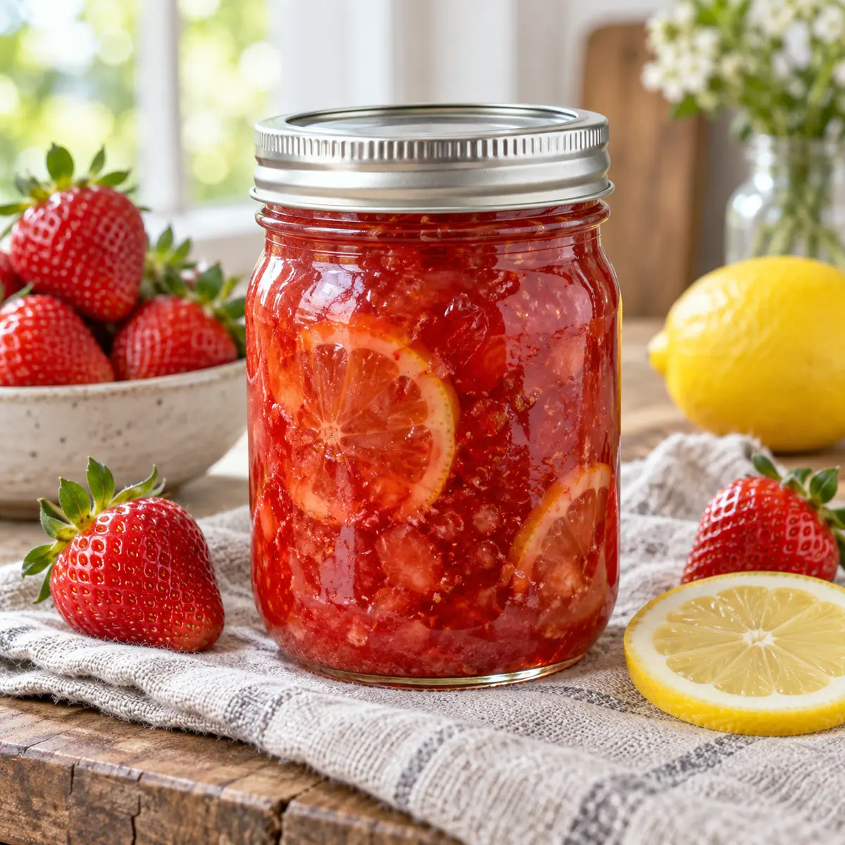 Jar of bright strawberry lemon marmalade with thin lemon slices