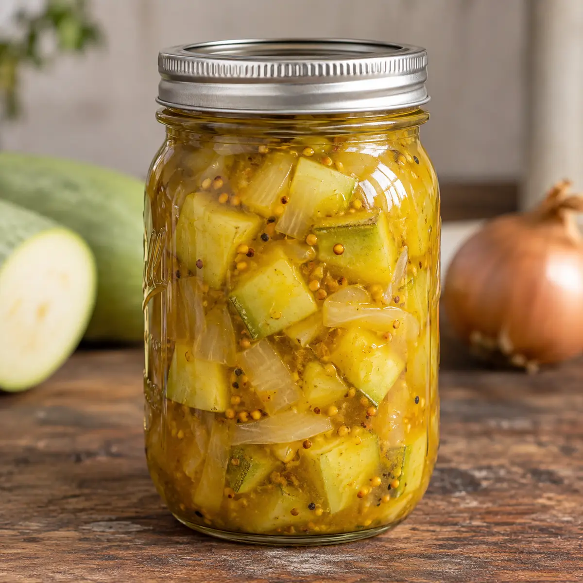Jar of marrow and onion in golden mustard pickle sauce