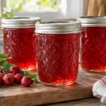 Three sealed jars of jewel-red mayhaw jelly with ripe mayhaw fruit