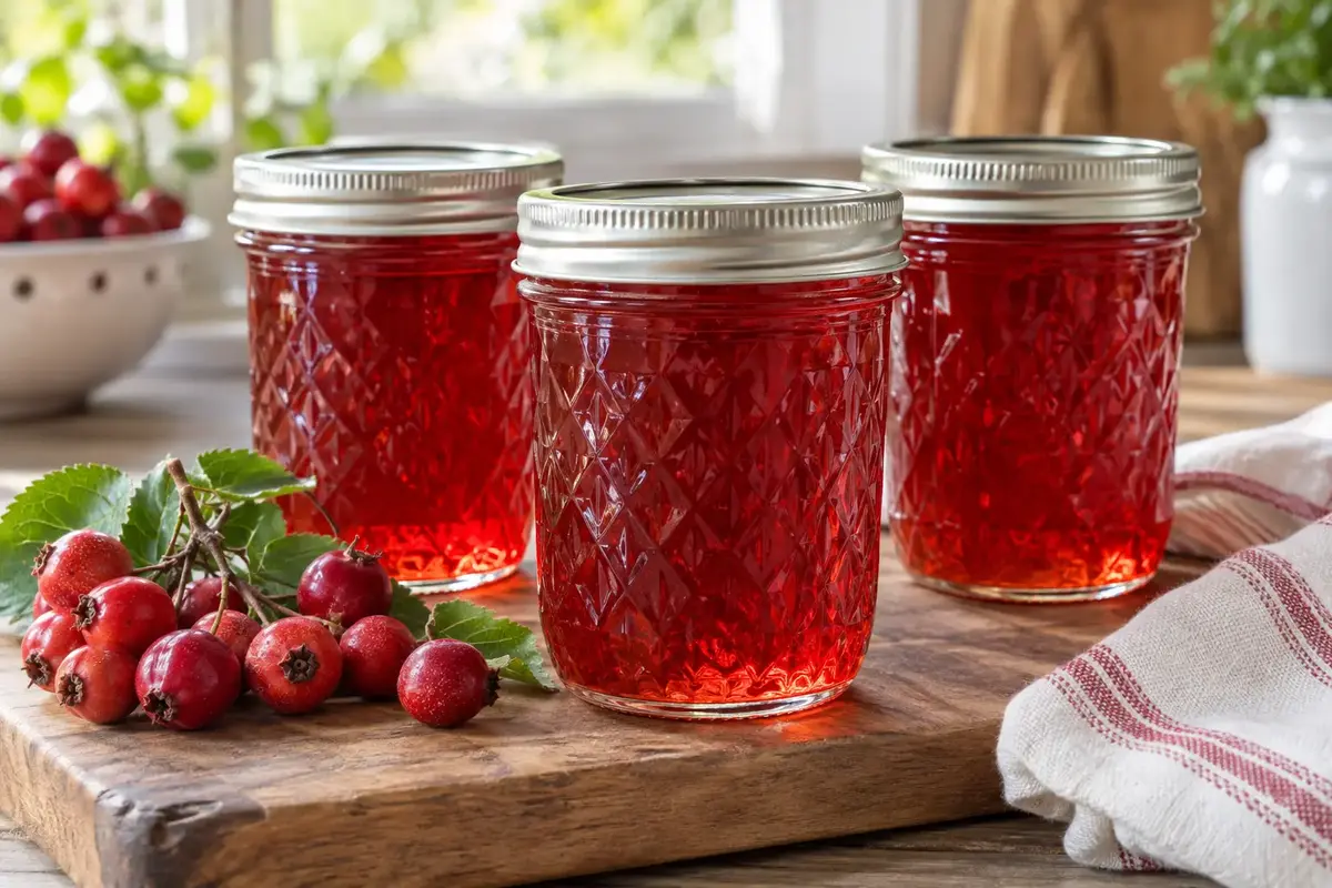 Three sealed jars of jewel-red mayhaw jelly with ripe mayhaw fruit