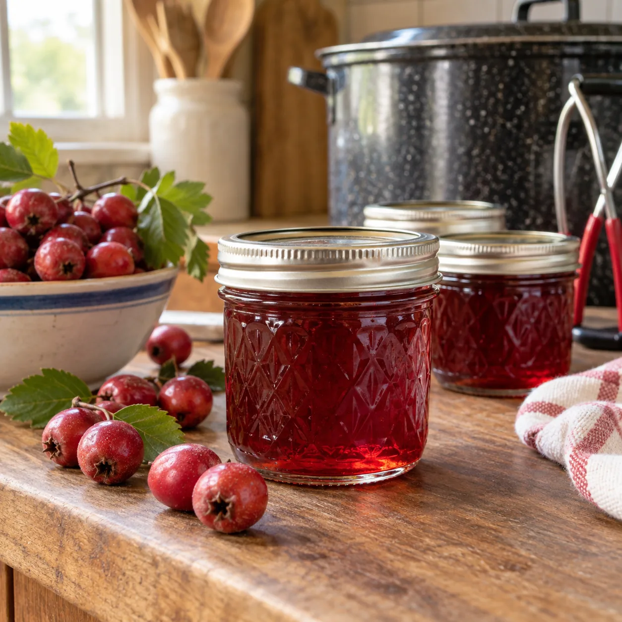 Home-canned ruby mayhaw syrup