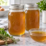 Two sealed quart jars of pressure-canned clear amber meat stock