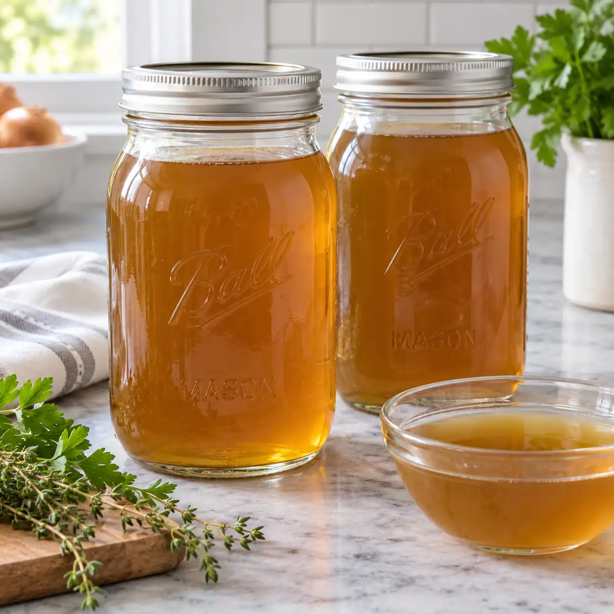 Two sealed quart jars of pressure-canned clear amber meat stock