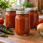 Three sealed jars of Mexican tomato sauce with tomatoes, roasted green chiles, onion, oregano and vinegar.