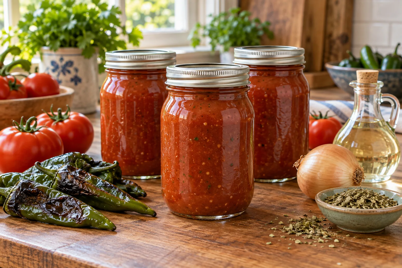 Three sealed jars of Mexican tomato sauce with tomatoes, roasted green chiles, onion, oregano and vinegar.