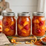 Minnesota State Fair Peach-Raspberry-Orange Jam in glass canning jars — home canning recipe