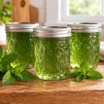 Three sealed jars of pale green mint jelly with fresh mint sprigs