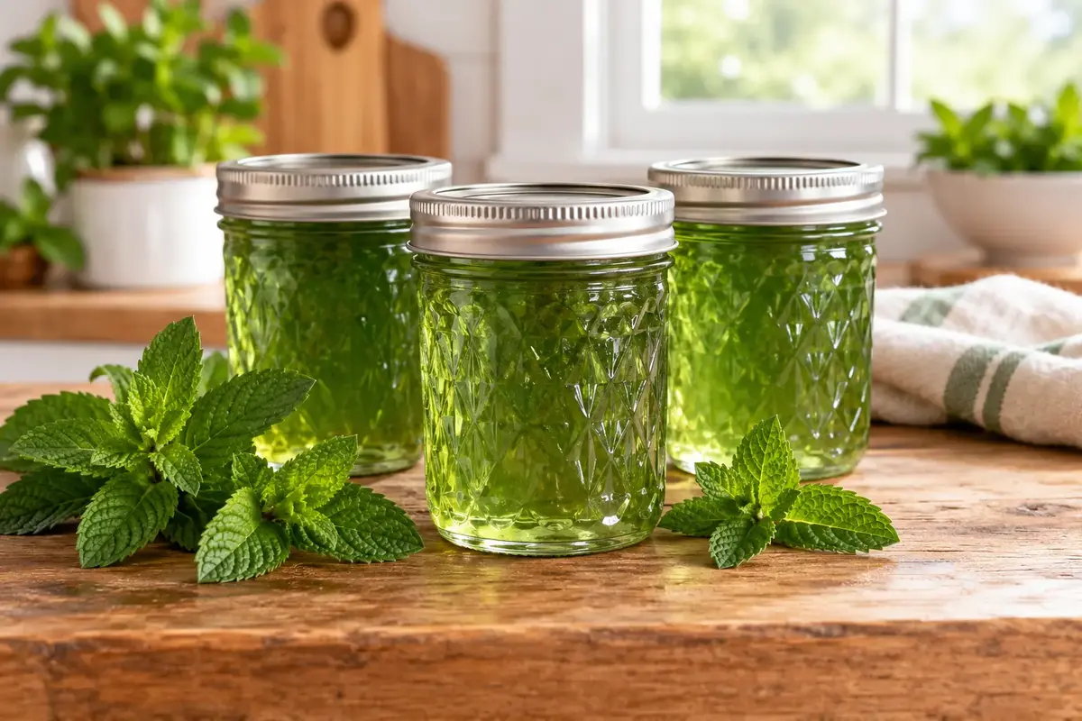 Three sealed jars of pale green mint jelly with fresh mint sprigs