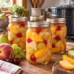 Home-canned mixed fruit cocktail with peaches, pears, grapes, and cherries in glass jars.