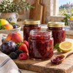 Italian mixed-fruit jam in preserving jars with berries, peaches, plums, and lemon