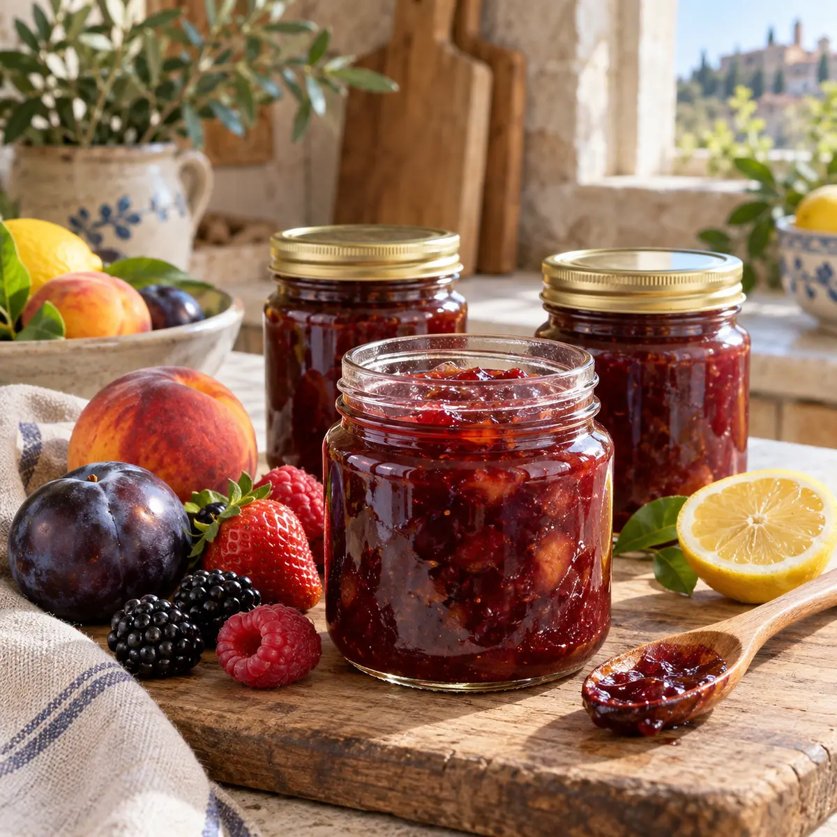 Italian mixed-fruit jam in preserving jars with berries, peaches, plums, and lemon