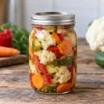 Jar of mixed pickled cauliflower, carrots, peppers, and cucumber