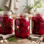 Mrs. Wages® Red Ribbon Sliced Pickled Beets in glass canning jars — home canning recipe