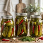 Mrs. Wages® Spicy Pickles in glass canning jars — home canning recipe