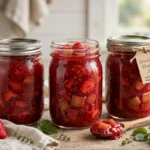 Mrs. Wages® State Fair Strawberry Rhubarb Jam Recipe in glass canning jars — home canning recipe
