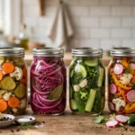 Mrs. Wages® White Ribbon Quick Pickled Vegetables in glass canning jars — home canning recipe