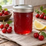 Jar of translucent ruby-red Nanking cherry jelly with fresh cherries and lemon