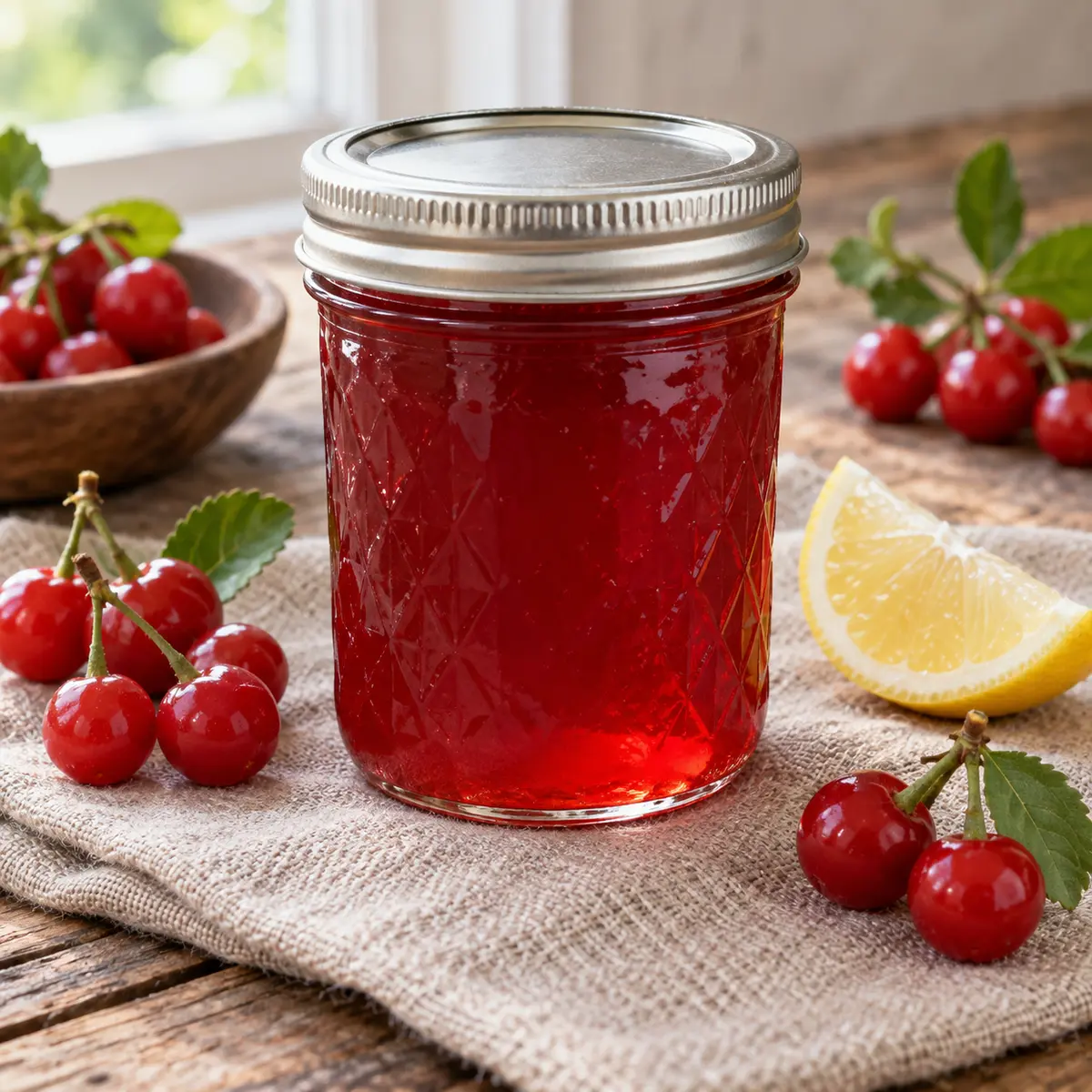 Jar of translucent ruby-red Nanking cherry jelly with fresh cherries and lemon