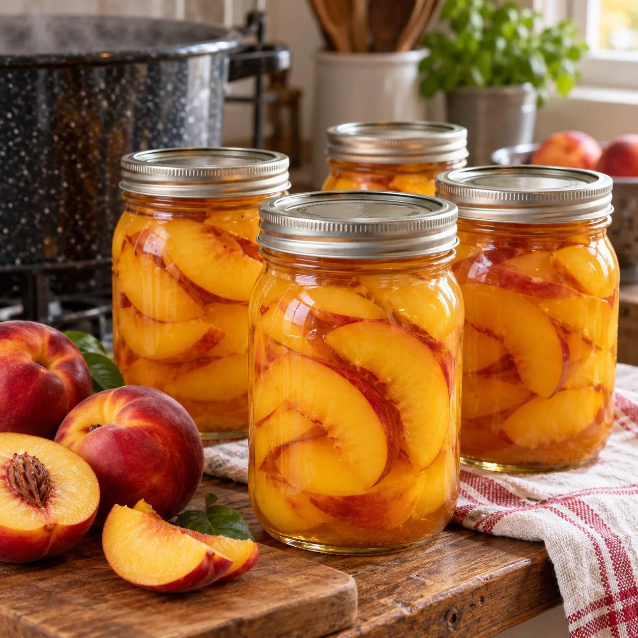 Home-canned yellow nectarines, halved and sliced, packed in clear syrup in glass jars.