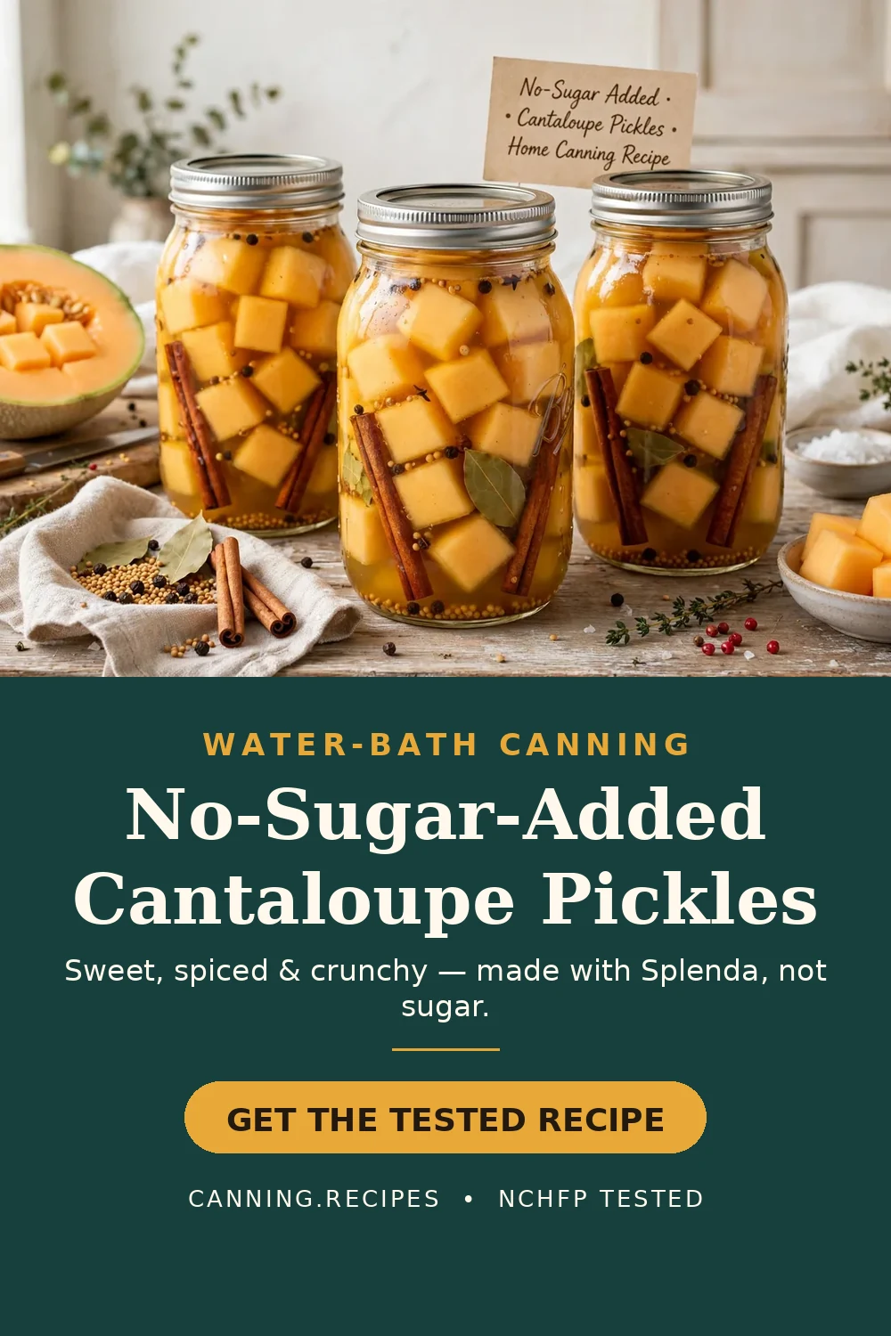 No-sugar-added cantaloupe pickles water-bath canning recipe — pin it for later