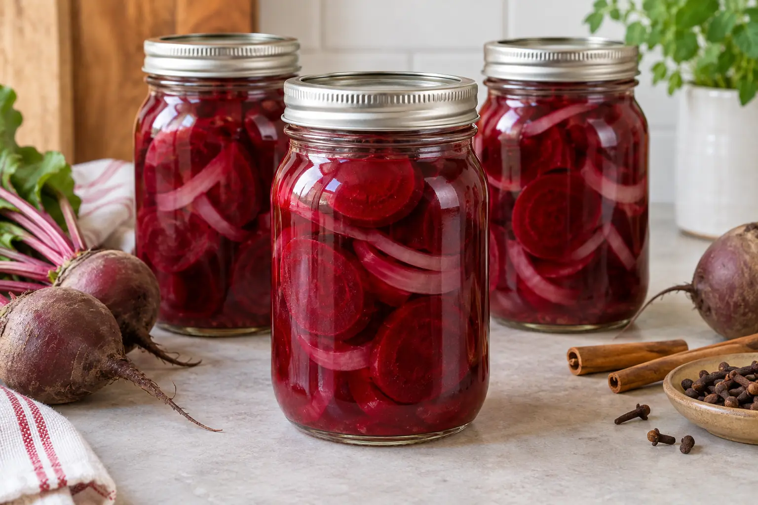 Three sealed pint canning jars filled with sliced pickled beets and onion