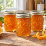 Three sealed jars of orange marmalade with fresh oranges and citrus peel