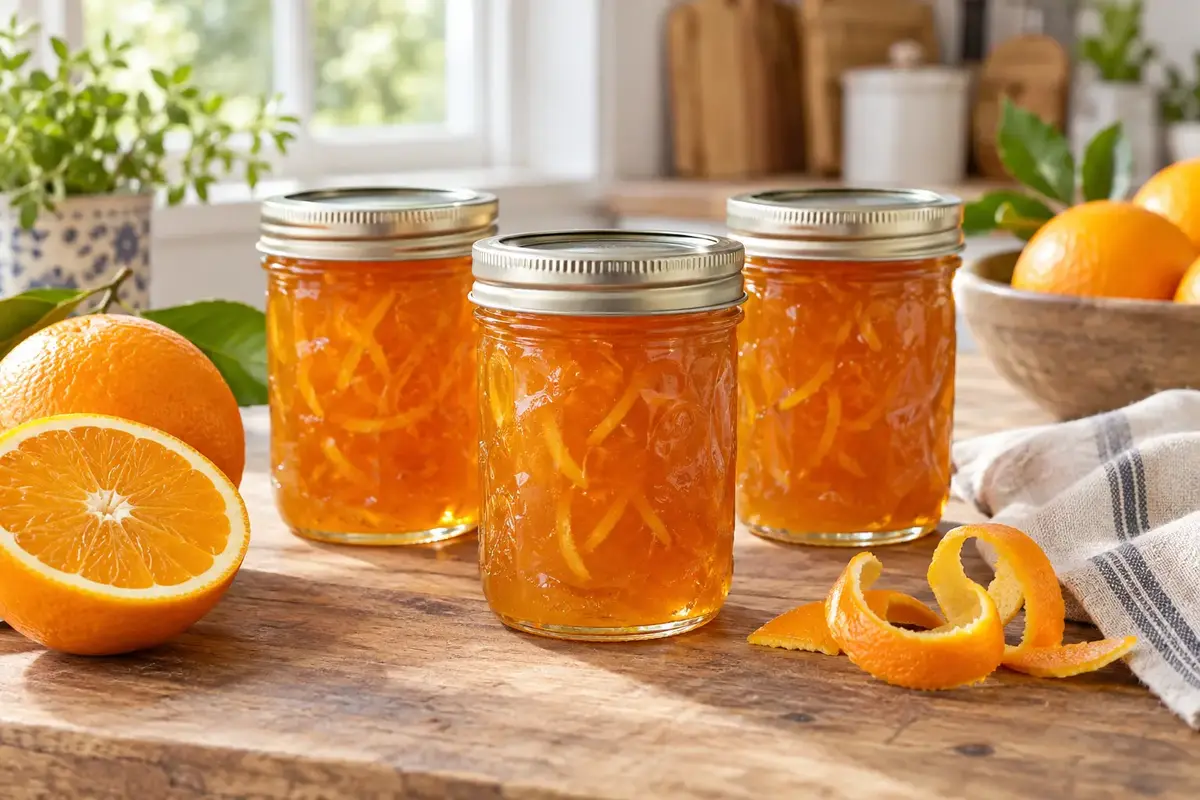 Three sealed jars of orange marmalade with fresh oranges and citrus peel