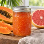 Jar of coral papaya grapefruit jam with fresh papaya and pink grapefruit