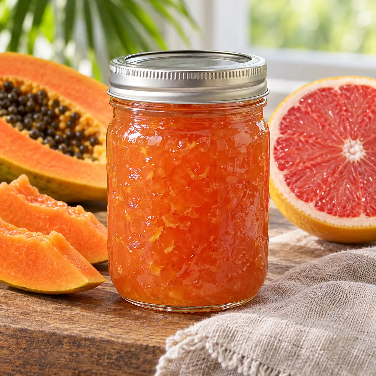 Jar of coral papaya grapefruit jam with fresh papaya and pink grapefruit