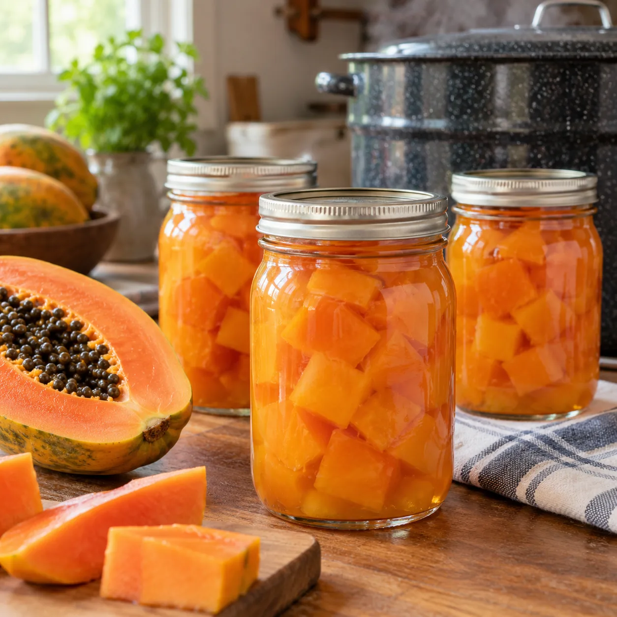 Home-canned ripe papaya cubes packed in syrup in glass jars.