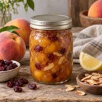 Jar of golden peach conserve with dried cranberries and toasted almonds