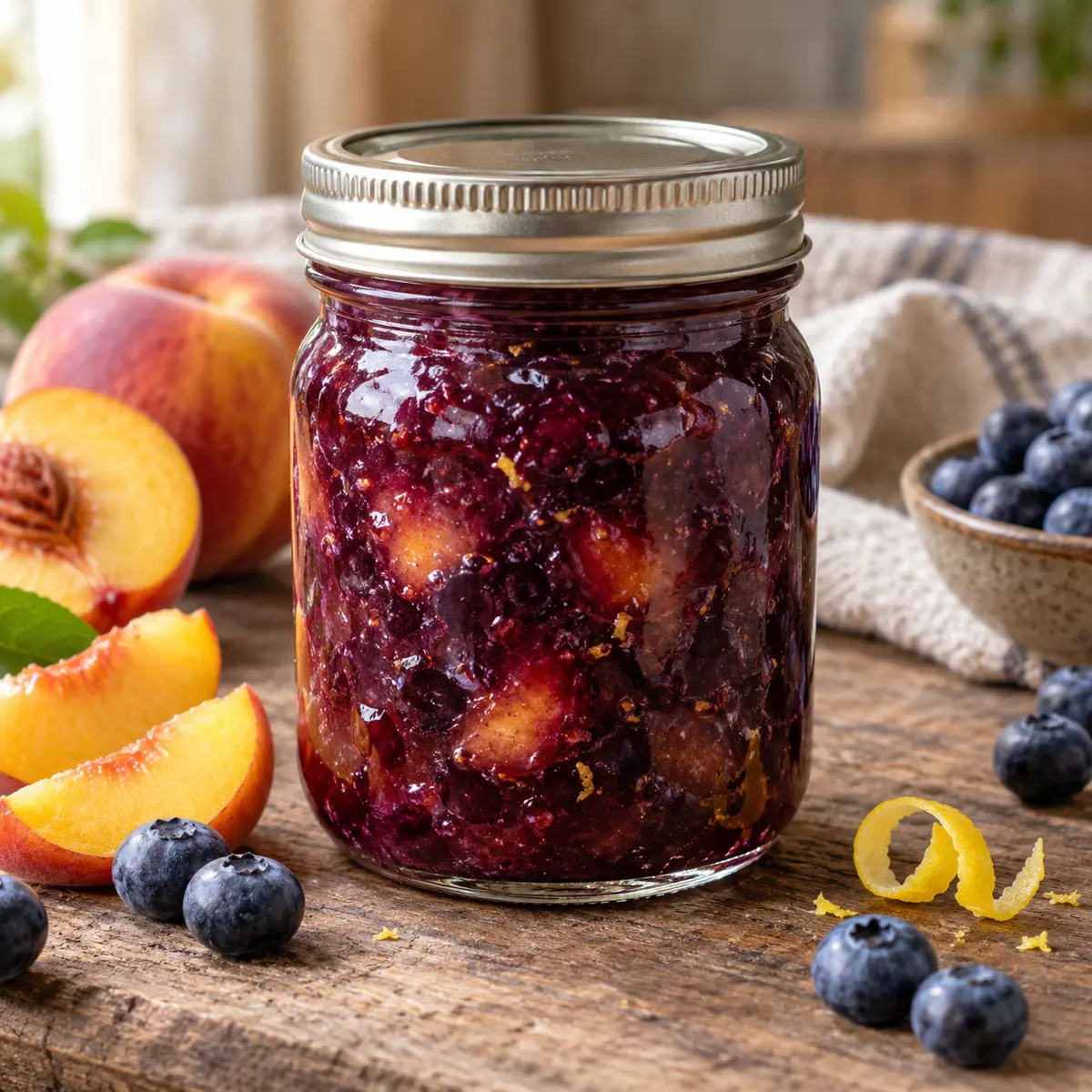 Jar of deep purple peach blueberry jam with peaches, blueberries, and lemon zest