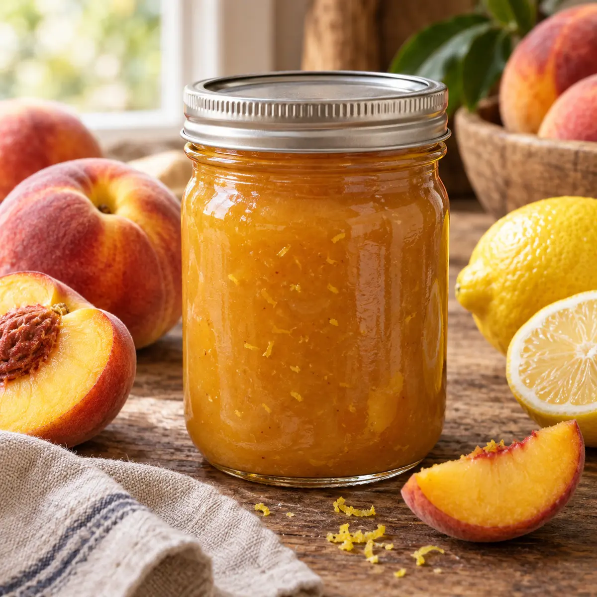 Jar of smooth golden peach butter with ripe peaches and lemon