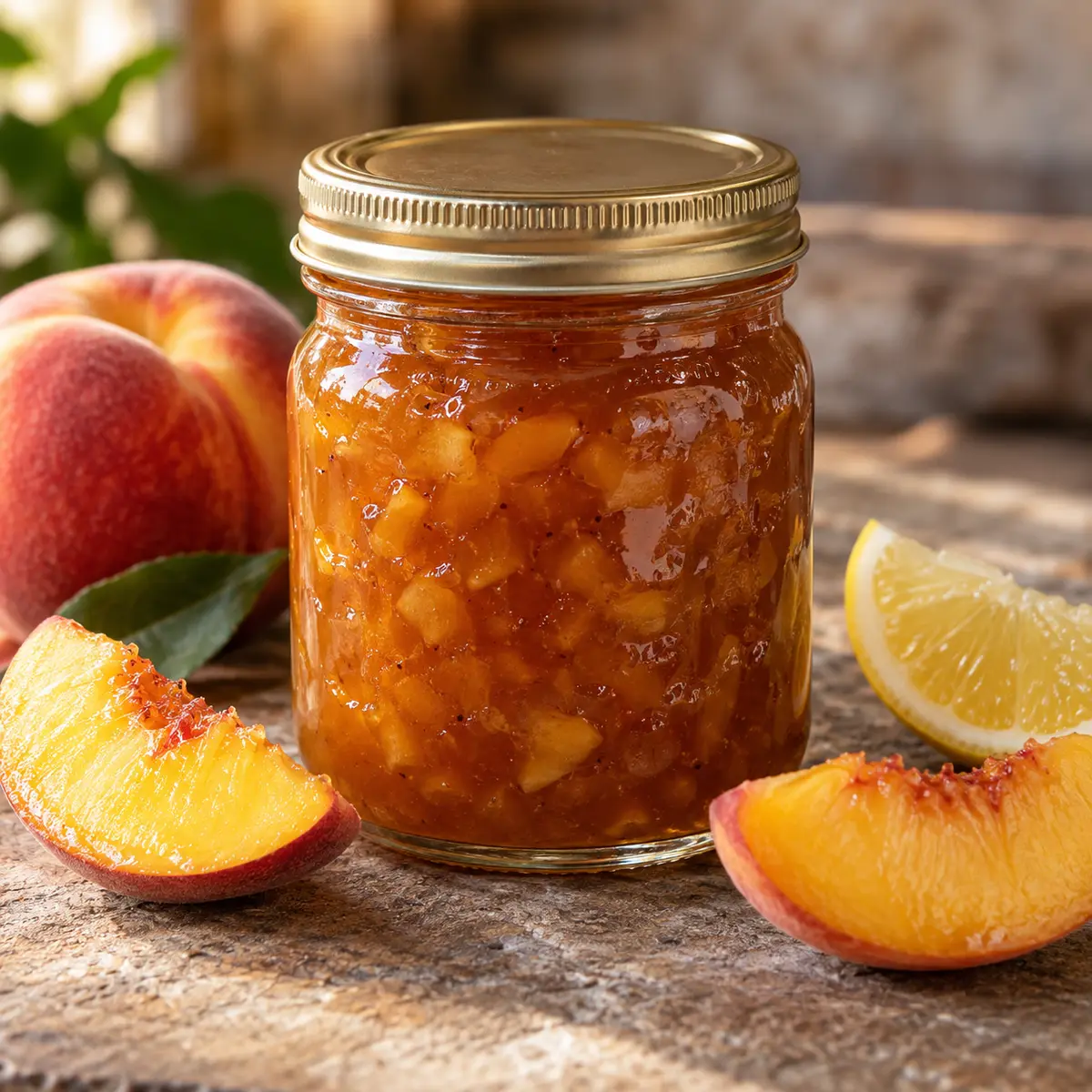 Jar of glossy chopped peach preserve with fresh peaches and lemon