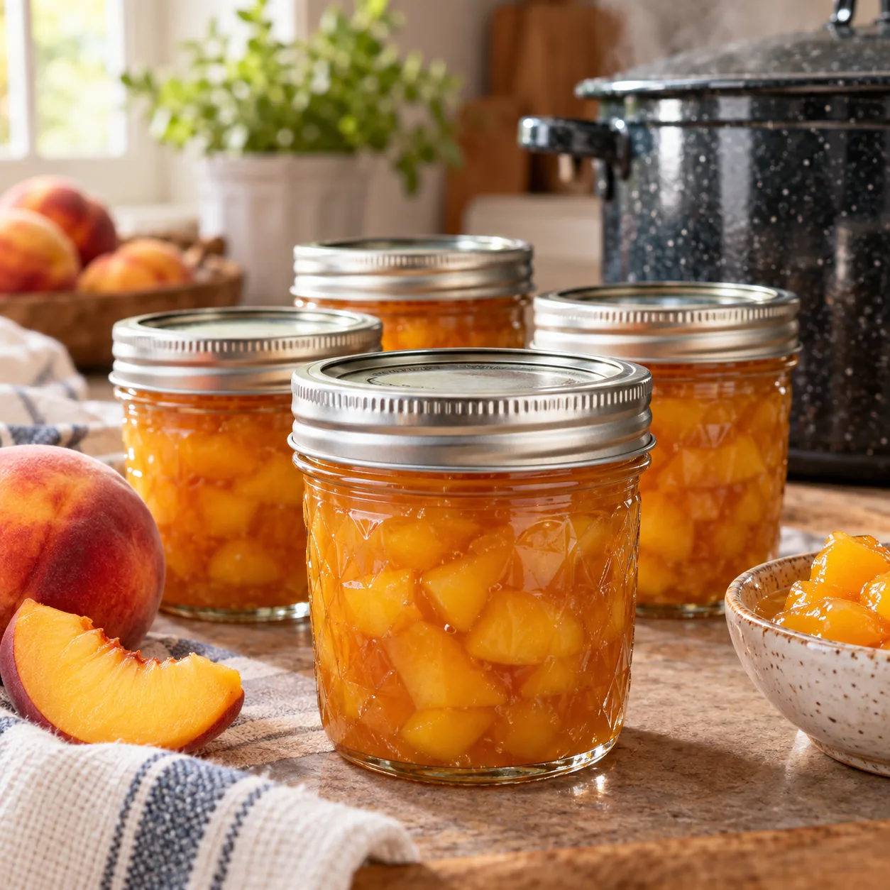 Home-canned golden peach fruit topping in glass jars.