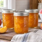 Three sealed jars of golden peach jam with ripe peaches and peach slices