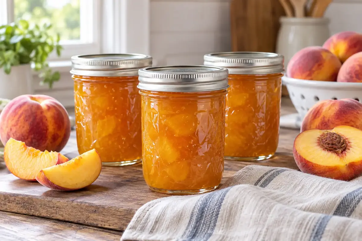 Three sealed jars of golden peach jam with ripe peaches and peach slices